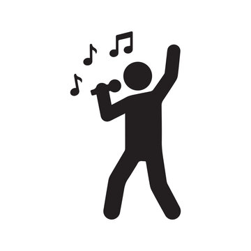 Singing person icon with microphone and musical notes. Silhouette vector illustration of a vocalist performing a song or karaoke isolated on white background.
