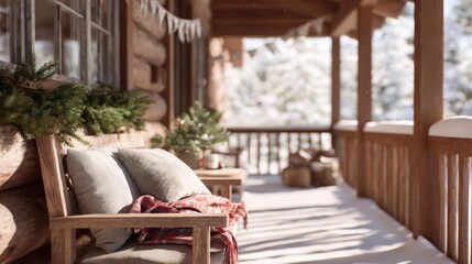 Wooden porch of a log cabin with a cozy and rustic atmosphere. the porch is covered in snow and has a wooden railing on the right side.