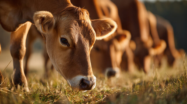 Close-up of a brown cow grazing in a sunlit field with other cows blurred in the background
