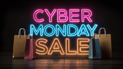 Cyber Monday Sale neon sign with colorful lights and shopping bags, online shopping promotion