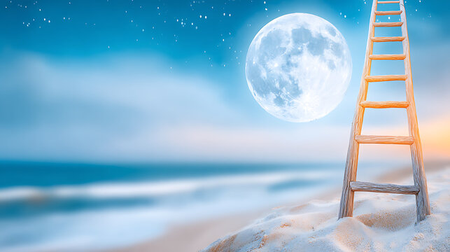 Dreamy beach night ladder moonlight sand sky ocean surreal fantasy concept financial hope vision growth journey horizon aspire future 2026 calm serene blue minimal