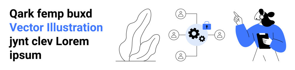 Data security, technology workflows, communication, online privacy, organization systems, collaboration. Abstract elements with icons for networking and a person with clipboard. Data security