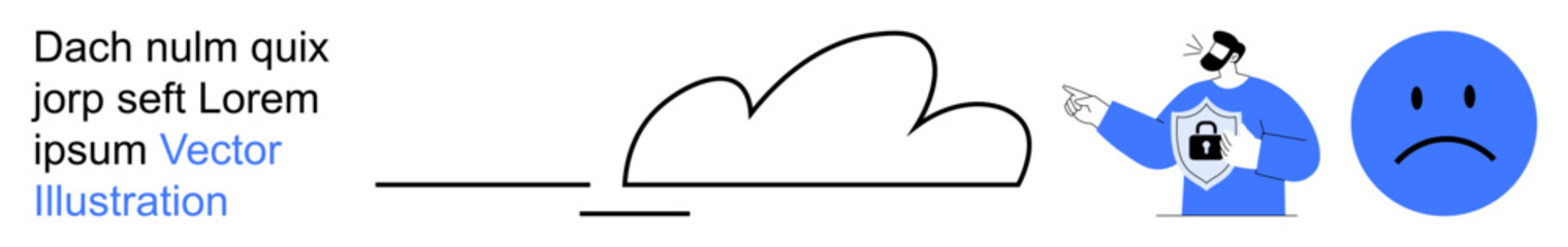 Data security, online protection, cloud computing, identity verification, digital threats, emotional responses. Stylized cloud, lock icon on shield and sad face graphic. Cybersecurity and identity