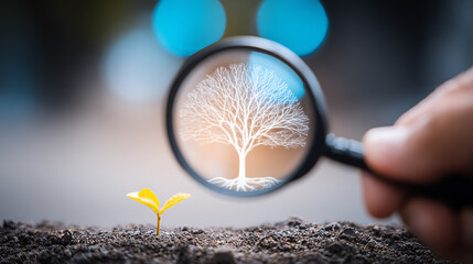 Seedling magnifying tree soil concept growth future strategy financial 2026 vision nurture investment savings planning finance economy profit success progress prosperity forecast analysis research