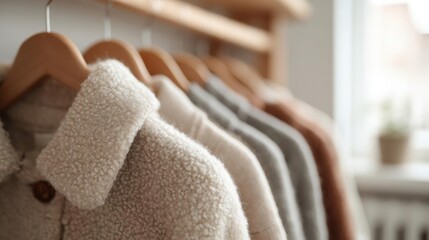 Row of clothes hanging on wooden hangers in a closet. the clothes are neatly arranged on the hangers, with a beige coat on the left side of the image.