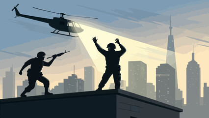 Obraz premium Intense rooftop standoff featuring armed soldiers, surrender, and searchlight from hovering helicopter
