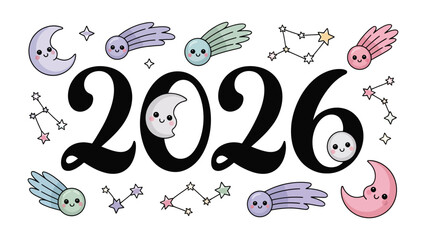 Celestial Dream of 2026: An enchanting illustration presents the year 2026, surrounded by whimsical celestial elements. The artwork evokes a sense of wonder and childlike fascination.