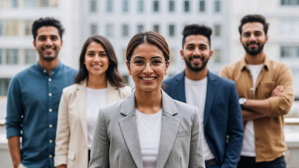Empowered female leader with diverse professional team in urban setting