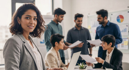 Confident businesswoman leading diverse team in modern office collaboration