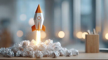 Business concept startup rocket launching from crumpled paper on desk inspiring innovation and energetic progress