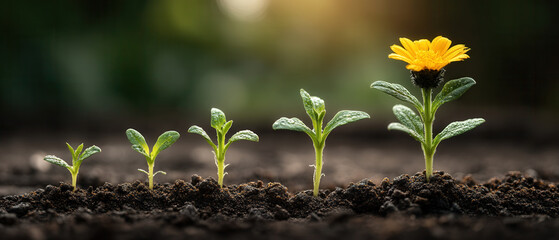 Business concept young seedling growth progression with sunrise and vibrant flower showing hopeful natural development