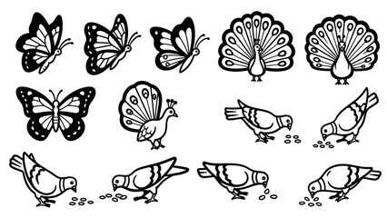 Black and white vector illustration of butterflies peacocks and pigeons © Yyrwe