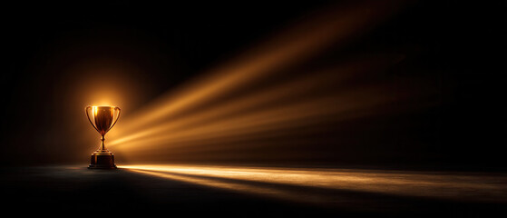 Gold trophy spotlight business concept celebrating achievement with dramatic light and warm mood