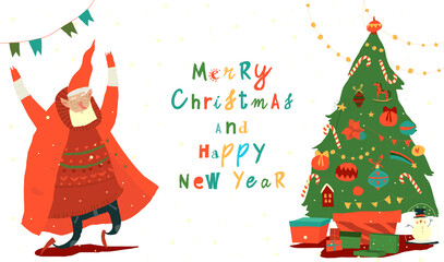 Santa Claus jumping near Christmas Tree. Vector Illustration