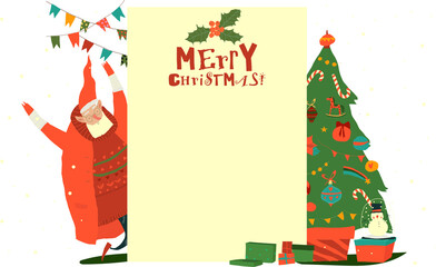 Christmas Card with Santa Claus Celebrating Holiday near Christmas Tree. Vector Illustration