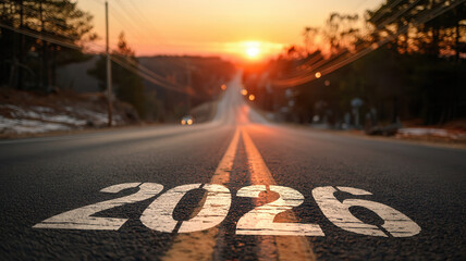 2026 painted on asphalt road leading toward sunrise business concept hopeful new year journey