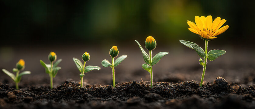 Business concept young yellow flower growth stages in soil showing progress and hope