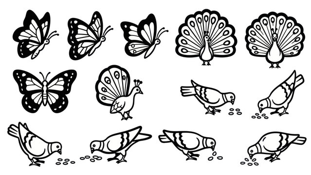 Black and white vector illustration of butterflies peacocks and pigeons