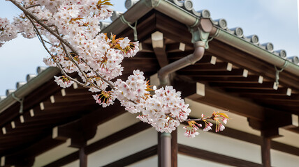 Close-up of delicate pink cherry blossoms against a traditional Japanese roof sakura pink flowers