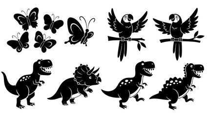 Black and white illustrations of butterflies parrots and dinosaurs