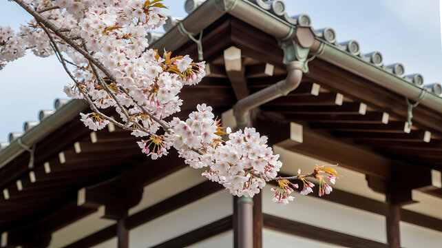 Close-up of delicate pink cherry blossoms against a traditional Japanese roof sakura pink flowers - Powered by Adobe