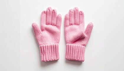 Pair of pink knitted gloves with ribbed cuffs laid flat on white surface