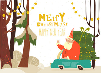 Santa Claus driving Car in Magical Winter Forest at Night. Christmas or New Year Greeting Card. Vector Illustration.
