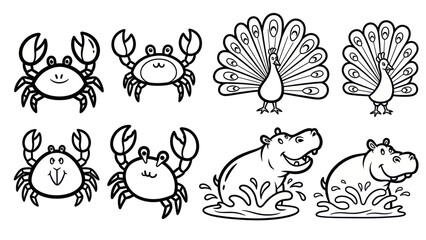Cartoon animal collection featuring crabs peacocks and hippos in black and white © sopoyo