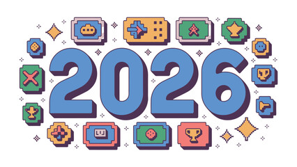 Year 2026 gaming: Illustrative digital rendering presents the year 2026 in bold numeral, it celebrates the future of digital games, with pixelated icons of gaming elements embellishing the scene.