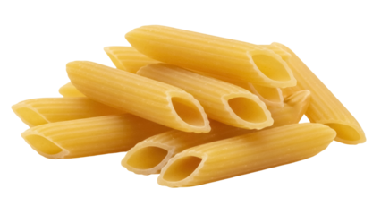 Isolated pile of penne pasta, uncooked durum wheat semolina, dried alimentary paste ready for cooking