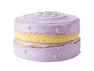 Isolated layer cake with purple frosting and mint green sprinkles, on display for celebration