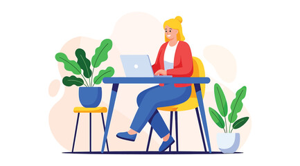 Modern workspace illustration featuring a person in red jacket working on a laptop at a blue desk with plants and abstract background, symbolizing productivity, remote work, and comfortable office set