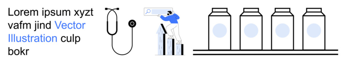 Digital technology, industrial automation, medical tools, healthcare systems, product research, and diagnostics. Stethoscope, search engine interaction and jars. Digital technology and industrial