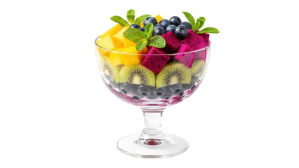 Isolated fruit salad in glass dessert cup; blueberries, mango, kiwi, dragon fruit, mint garnish