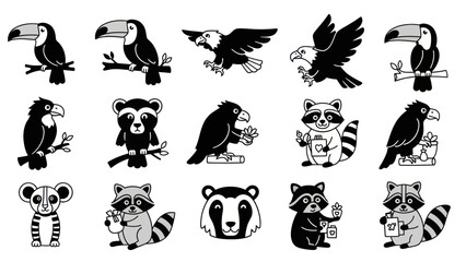 Fototapeta premium Black and white vector illustrations of various birds and mammals set design
