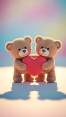 Two adorable brown teddy bears holding a vibrant red heart, symbolizing love and friendship against a soft pastel background.