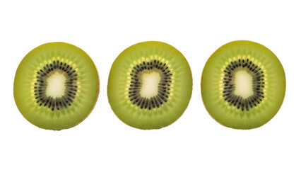 Isolated sliced kiwi fruit, three halves with seeds, fresh green tropical fruit segments