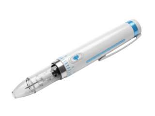 Isolated medical pen with needle for injection close-up lying on surface, healthcare, medicine