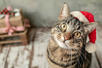 Tabby cat wearing red Santa hat looking up, celebrating winter holidays with bokeh Christmas gift, representing pet joy and festive mood