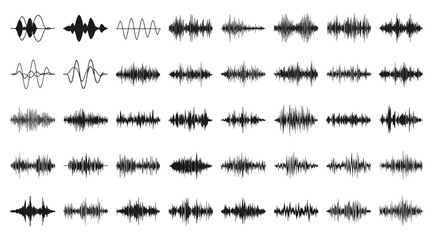 Grid of stylized sound waveforms representing diverse audio signals and speech patterns, visualized as amplitude variations for use in audio analysis, speech recognition, and signal processing