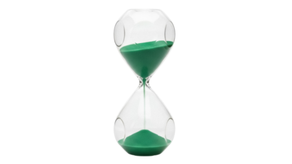 Isolated Hourglass with green sand, Time flowing, countdown, past and future concept