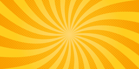 Yellow comic sunburst effect background with halftone dots. Bright colorful poster with radial lines. Orange swirling radial pattern. Yellow pop art sun rays. Cartoon print. Vector illustration