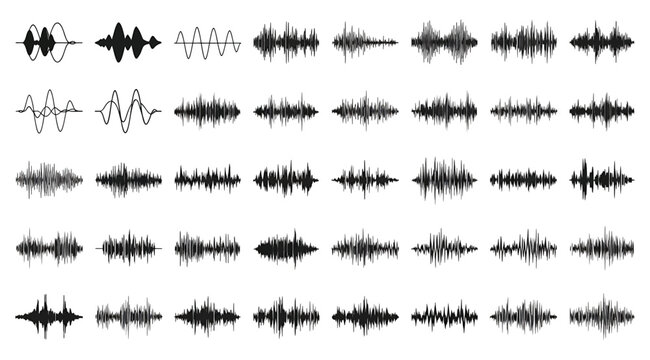 Grid of stylized sound waveforms representing diverse audio signals and speech patterns, visualized as amplitude variations for use in audio analysis, speech recognition, and signal processing