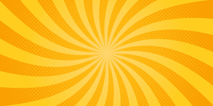 Yellow comic sunburst effect background with halftone dots. Bright colorful poster with radial lines. Orange swirling radial pattern. Yellow pop art sun rays. Cartoon print. Vector illustration