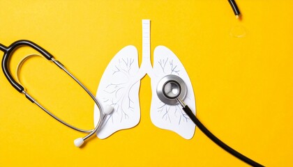 Paper lungs on yellow with stethoscope—bronchial branches and clinical contrast—symbolizing breath, care, and the diagnostic rhythm of respiratory awareness and medical precision.