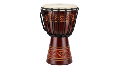 Isolated dark brown djembe drum with traditional African art designs & rope details is ready