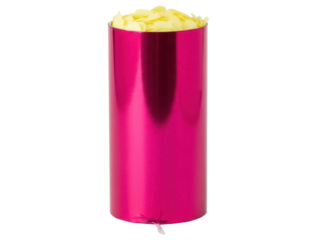 Isolated shiny pink cylinder holding yellow shredded paper filler for gifting, shipping
