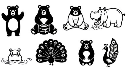 Black and white animal silhouettes bears hippos and peacock designs