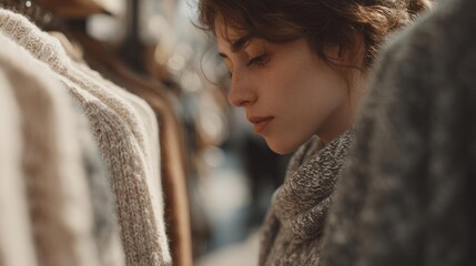 Young woman with shoulder-length brunette hair, wearing a gray sweater. she is looking down at a rack of clothes in a clothing store, with her eyes closed and a peaceful expression on her face.