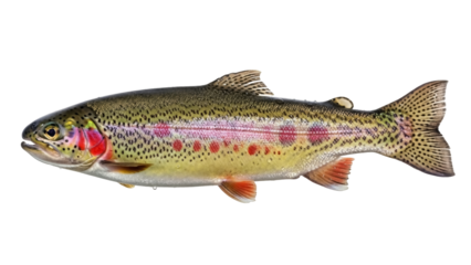 Isolated rainbow trout underwater, sporting fish with dotted pattern and vivid colors along skin